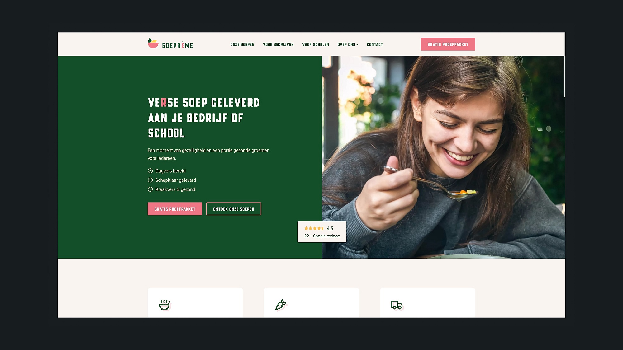 Screenshots of (details of) the website that Soeprème had made by Heave Webdesign Antwerp
